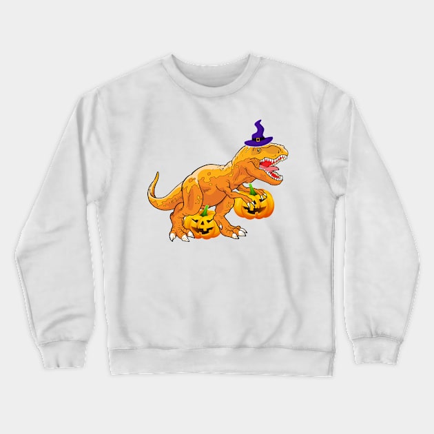 T-Rex With A Witch's Hat And Jack-O-Lantern Halloween Design Crewneck Sweatshirt by Harlems Gee